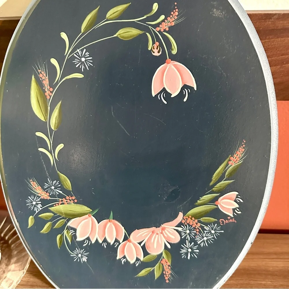 Hand Painted Flowers Wood Wall Plaque Oval Vintage Floral Folk Art Elaine Boho
